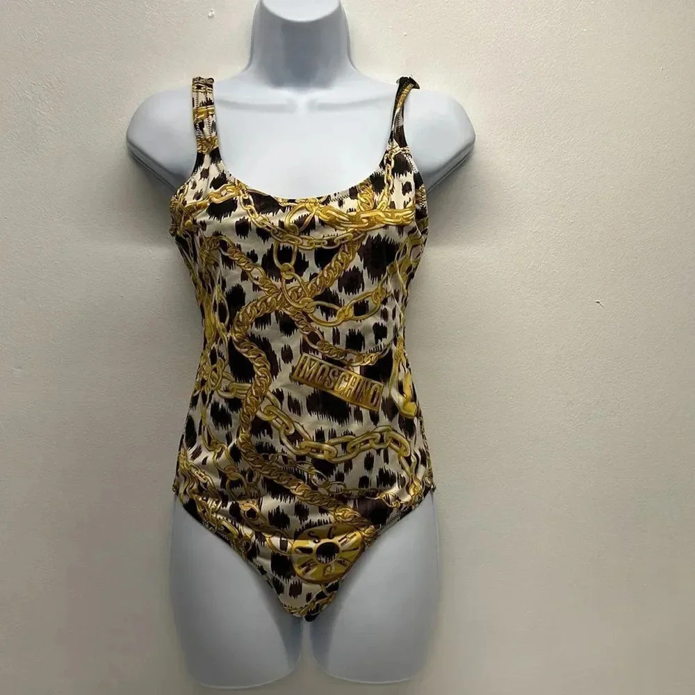 Moschino x H&M Swimsuit One Piece Bathing Suit Gold Chain Animal Black Size 8 - Picture 2 of 10